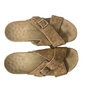 Vionic Dorie Sandal Tan Cork Slide Straps Comfort Walking Neutral Easy Size 8